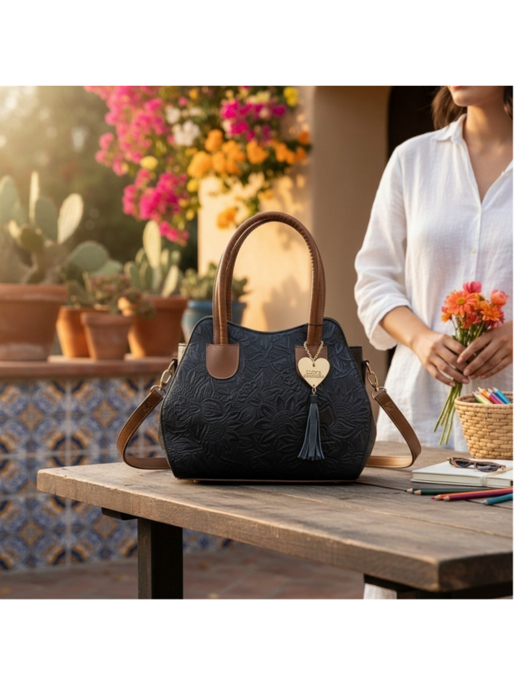 Marine Navy Blue Brown Sunflower Embossed Tooled Artisan LEATHER Hobo Bag Purse